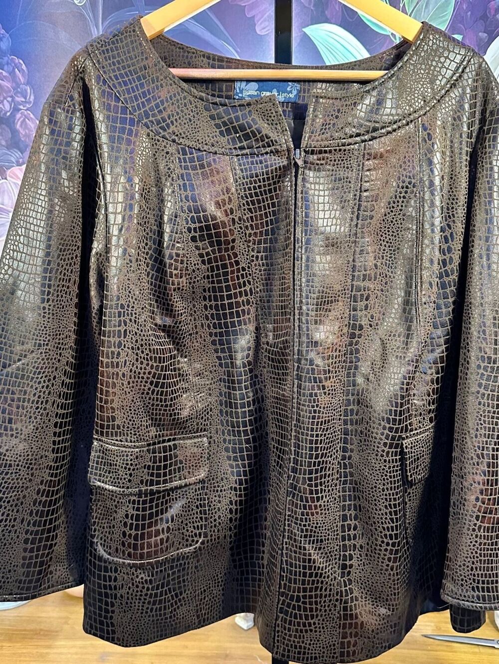 Susan Graver 3X Faux Leather Croc Embossed Jacket Metallic Bronze Statement